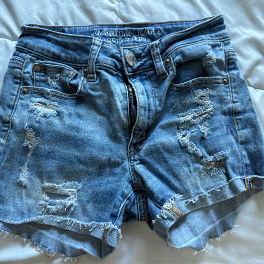 American Eagle Outfitters High Waist Distressed Denim Shorts - Blue